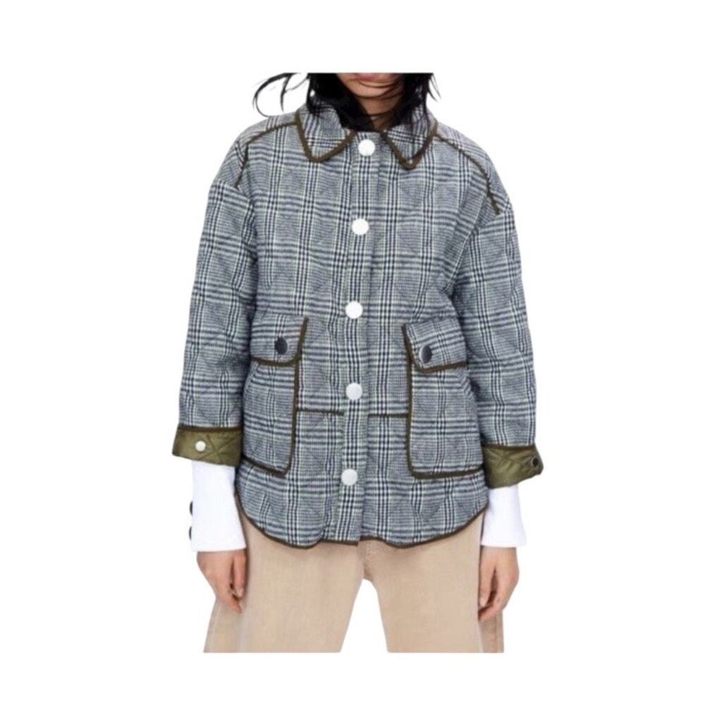 Zara Oversized Plaid Utility Coat Jacket Medium Green Gray Check